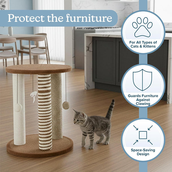 Cat Scratching Post - 3 Scratcher Posts with Carpeted Base Play Area and Perch - Furniture Scratching Deterrent for Indoor Cats by PETMAKER (Brown), Large3