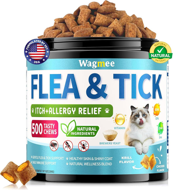 Natural Cat Flea Treatment Chewables, 500 Crunchy & Creamy Tasty Chews | Flea and Tick Prevention for Cats with Skin & Coat Support, Oral Flea & Tick Supplement & Allergy Relief for Cats, Chicken1