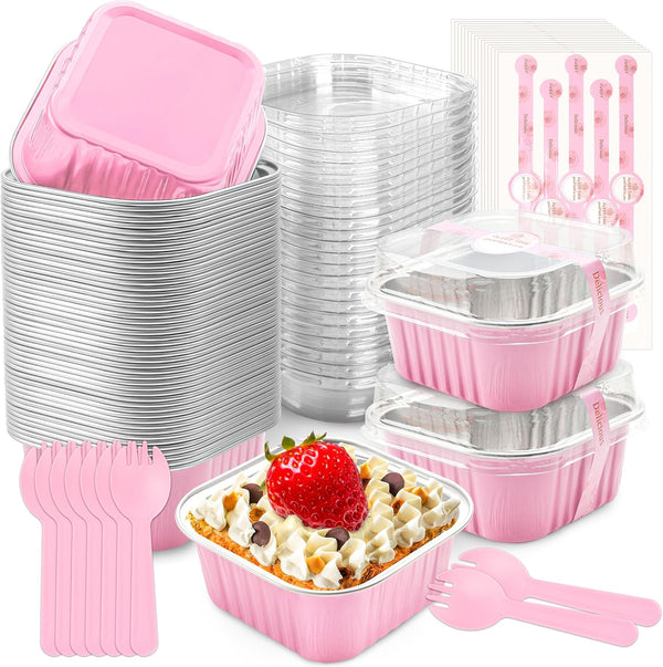 Mini Cake Pans with Lids, 50 Pack Pink 5Oz for Picnic Desserts | Good for Fudge, Gelatin Desserts, Baked Custard and Cold Treats; Clear Top Helps Buyers See the Finished Look.1