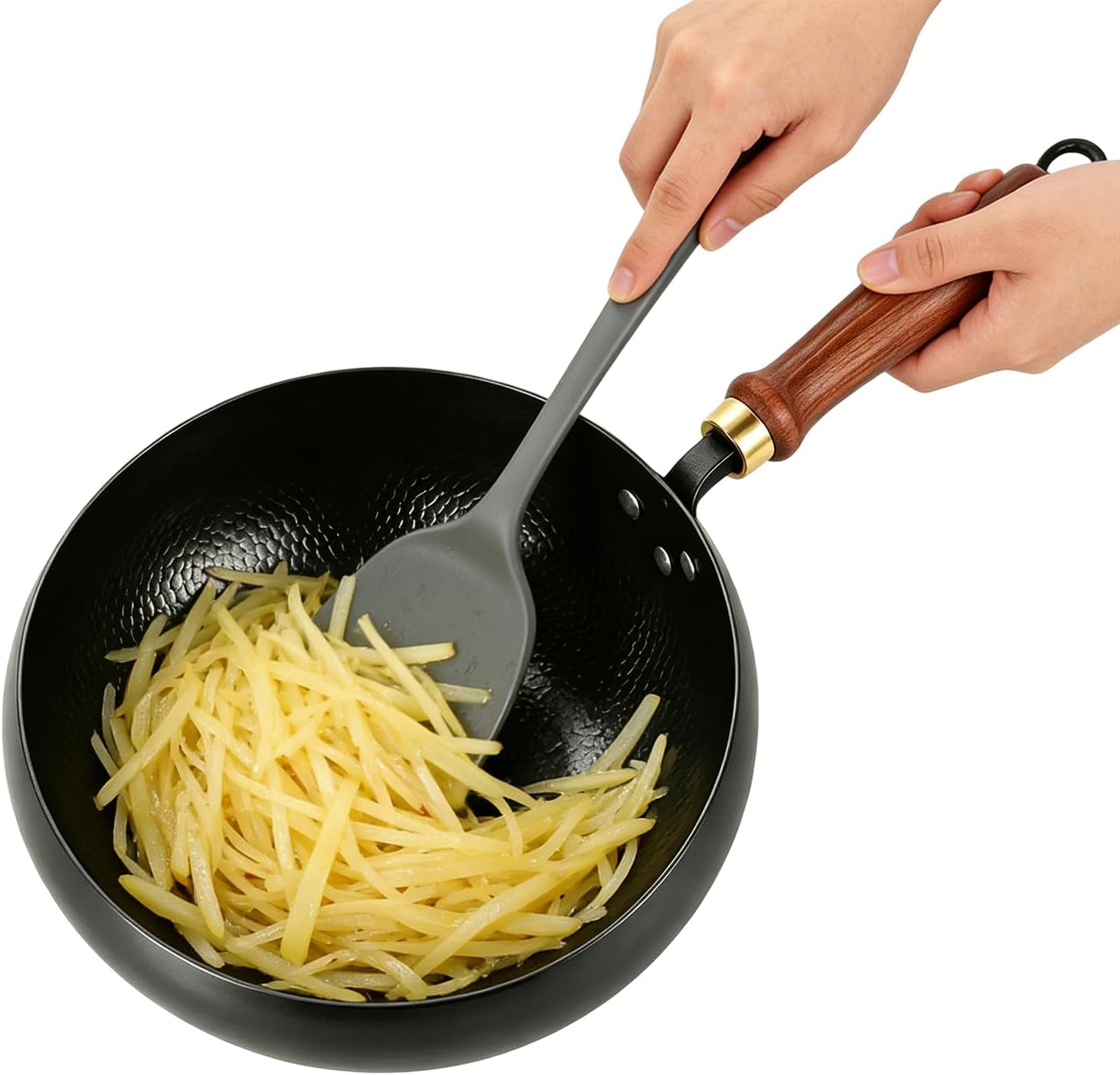 fast-heating-cast-iron-stir-fry-pan-deep-round-base-with-wooden-handle-24cm-hand-hammered-household-uncoated-cast-iron-wok-uncoated-thick-walled-cast-iron-potfor-stir-fry-sear-braise