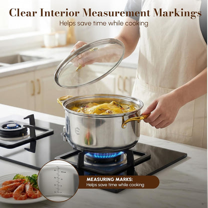 Stainless Steel Cookware Set, Tri-Ply Pots and Pans Set, 26 Piece Kitchen Cooking Utensils Set with Lids, Gold Grip Handles, Induction, Oven, Non-Toxic, Dishwasher Safe, Professional Chef Quality4