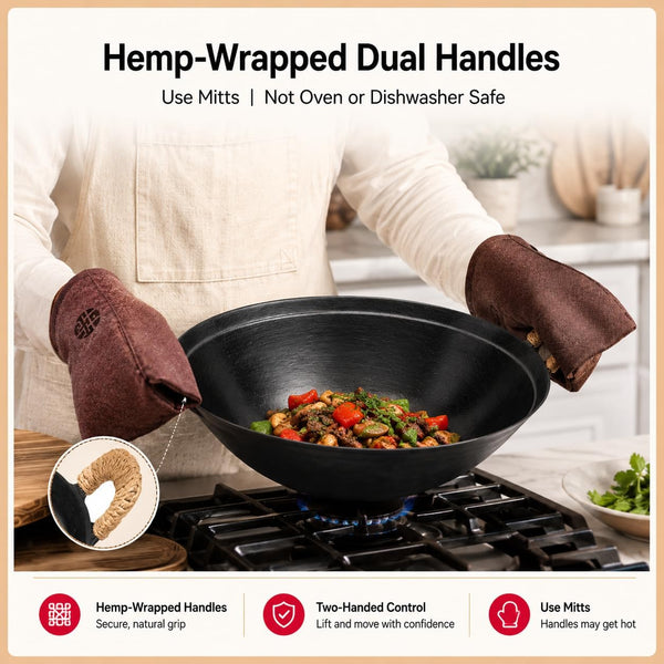 13.4 Inch Cast Iron Wok with Lid, Flat Bottom Chinese Stir Fry Pan, Uncoated Heavy Duty Wok Pan for Induction, Gas, Electric & Ceramic Stoves, Dual Handles6