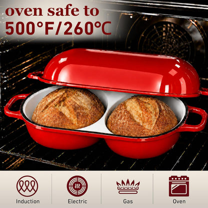 Double Dutch Oven for Sourdough Bread Baking,2.2Qt Enameled Cast Iron Dutch Oven Pot with Lid,500°F Oven Safe Non Stick Bread Loaf Pan,Sourdough Baking Pan for Homemade Baking（Red）5