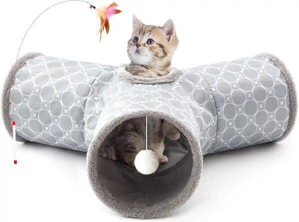 Tempcore Pet Cat Tunnel Tube Toys 3 Way Collapsible, Tunnels for Indoor Cats, Interactive Tube with Teaser Wand, Peek Holes & Hanging Ball, Black & Blue11