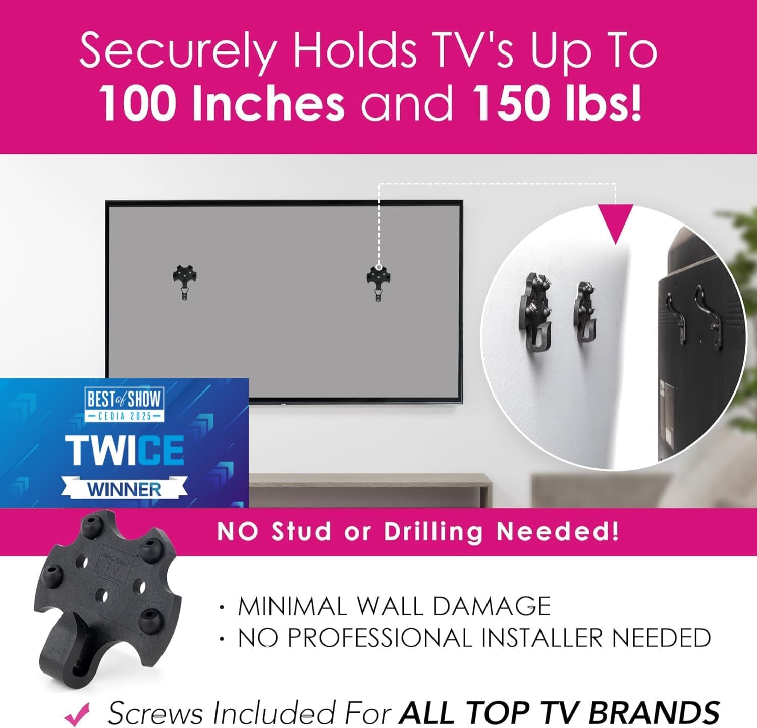 hangsmart-tv®-wall-mount-no-stud-original-patented-easy-install-diy-for-19-100-tvs-holds-up-to-150lbs-fits-most-led-lcd-flat-screens-monitors-includes-hardware