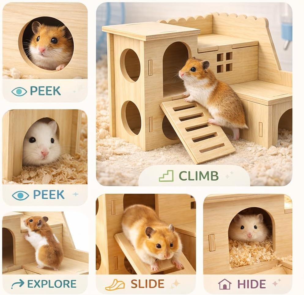 tiny-hamster-maze-wood-house-fun-slide-house-double-decker-hut-for-dwarf-gerbil-mouse-mice-rat-small-animalsonly-for-small-hamster