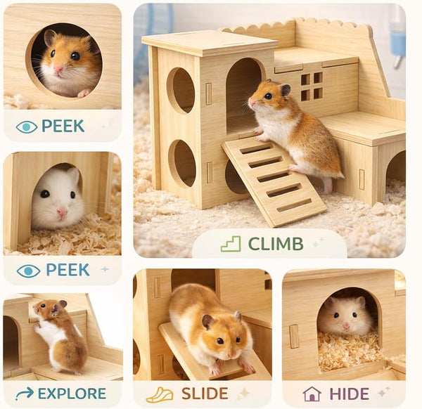Tiny Hamster Maze Wood House Fun Slide House Double-Decker Hut for Dwarf Gerbil Mouse Mice Rat Small Animals(Only for Small Hamster)3