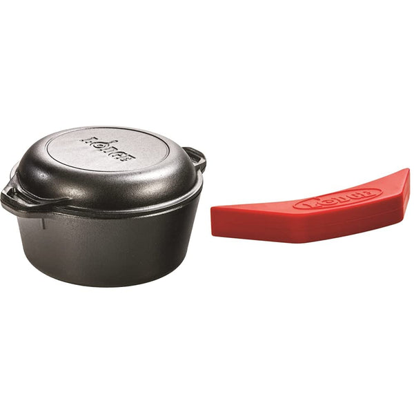 Cast Iron Serving Pot Cast Iron Double Dutch Oven, 5-Quart & ASAHH41 Silicone Assist Handle Holder, Red1
