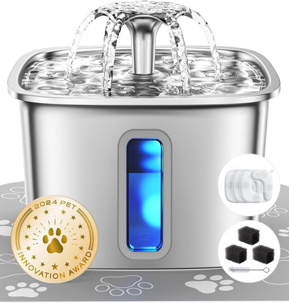 Veken Innovation Award Winner Stainless Steel Cat Water Fountain, 108Oz | Automatic Pet Fountain Dog Water Dispenser with 3 Replacement Filters & Silicone Mat, Gifts for Cats, Dogs (Silver)1
