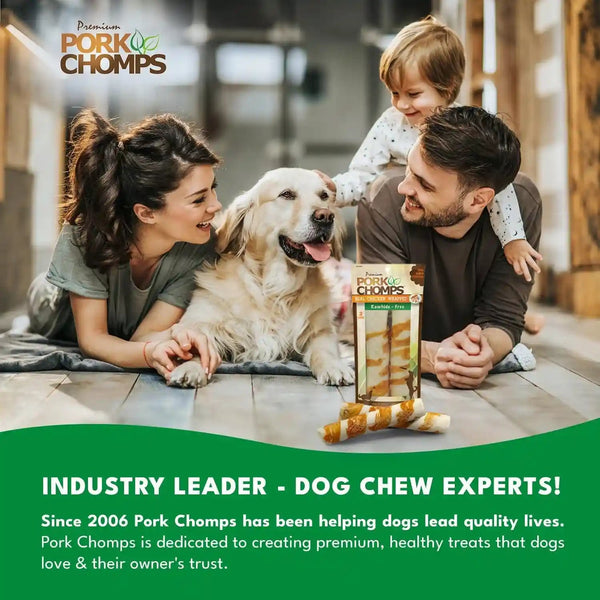 Pork Chomps Baked Pork Skin Dog Chews, 8 in Rolls, Chicken, 2 Count | Made with a Real Chicken Wrap over Oven-Baked Pork Skin - Rawhide-Free, Low in Fat, and Easy to Digest6