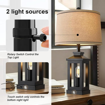 23.75" Retro Farmhouse Black Table Lamp for Living Room Bedroom Nightstand | Touch Control Bedside Nightlight Vintage Modern Lamp with USB C+A Ports and 2 Light Sources, Rustic Lamp, Bulbs Included6