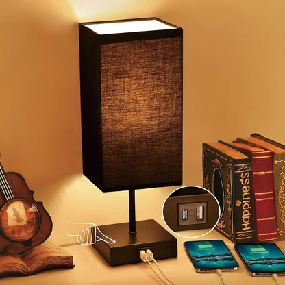 Bedside Table Lamp for Bedroom with 2 USB Ports, 14-Inch, Black | USB A+C Ports, Touch 3-Way Dimmable LED Bulb Included Fabric Lampshade Metal Base Small Nightstand Lamp for Desk Living Room1