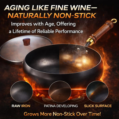 2026 Upgraded Uncoated Thick Iron Pot, Japanese Hand-Forged Non-Stick Iron Pan without Coating, Durable and Rust-Free for Cooker Gas Stir Fry Pans round Bottom with Lid (Glass Lid,11In)4
