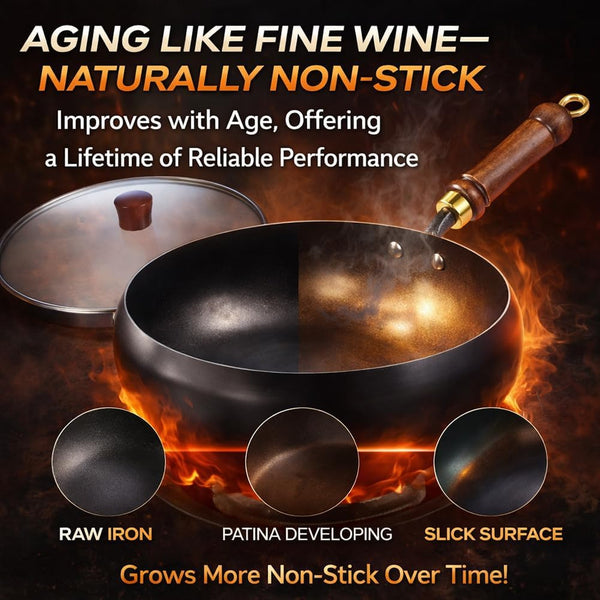 2026 Upgraded Uncoated Thick Iron Pot, Japanese Hand-Forged Non-Stick Iron Pan without Coating, Durable and Rust-Free for Cooker Gas Stir Fry Pans round Bottom with Lid (Glass Lid,11In)4