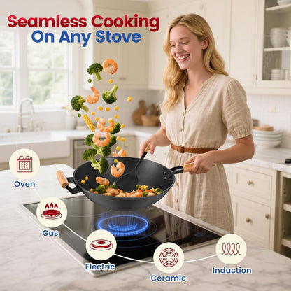 13'' Nonstick Wok, Cast Iron Wok with Lid, Wok Pan & Stir-Fry Pans | Chinese Woks Pan with Lid5