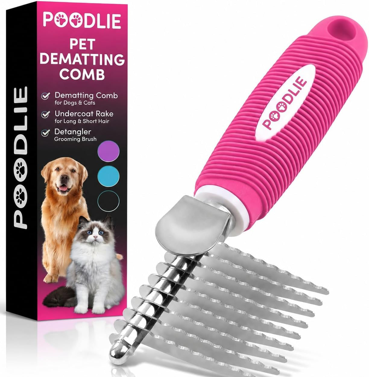 poodle-dematting-fur-rake-comb-brush-for-dogs-and-cats-long-2-5-steel-safety-blades-metal-comb-for-detangling-matted-or-knotted-undercoat-hair
