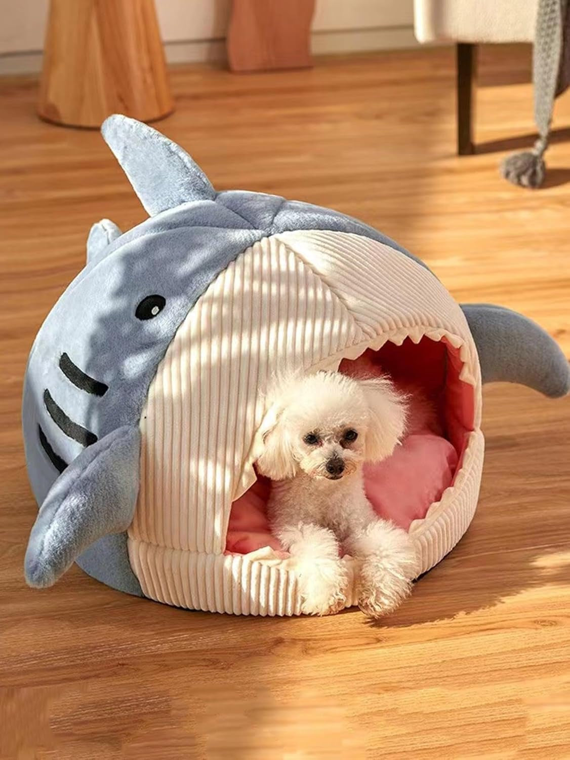 qwinee-cat-mat-shark-shaped-kennel-kitten-bed-hideout-house-warm-soft-comfortable-semi-closed-cat-dog-nest-blue-s