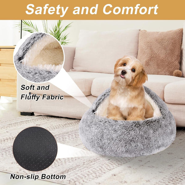 Hooded Dog Bed for Small Dogs, Nest Dog Beds, Washable Cute Cat Cave Bed, Cozy Nook Pet Bed for Dogs or Cats, Anti-Slip Puppy Bed Fits up to 22 Lbs Pets(Grey, 20" X 20")4