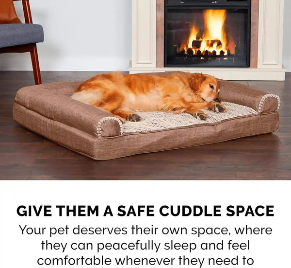 Furhaven Memory Foam Dog Bed for Medium/Small Dogs W/ Removable Bolsters & Washable Cover, for Dogs up to 35 Lbs - Luxe Faux Fur & Performance Linen Sofa - Woodsmoke, Medium10