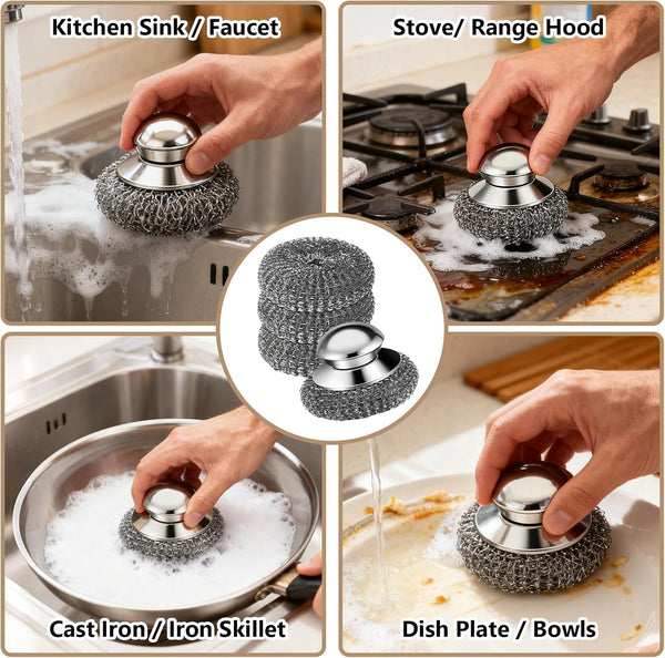 Steel Wool Scrubber, 4-Pack Stainless Steel Scrubber Pads with Handle - the Ultimate Scouring Solution for Rust, Stubborn Messes on Cookware, Grill, Oven & Kitchen Sinks4