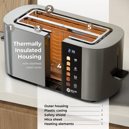 Toaster 4 Slice Wide Slot, Bagel Function, Long Slot, Stainless Steel, Touch Screen, Built-In Rack, Extra-Wide 1.5" Slots for Thick Breads & Bagel, Timer, Bpa-Free, 6 Levels, Removable Tray9