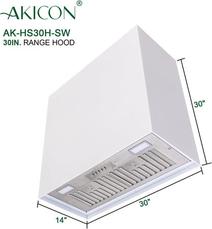 Stainless Steel Range Hood, Modern Box Kitchen Hood with Powerful Vent Motor, Wall Mount, 30”W*30”H*14D, Signal White (AK-HS30H-SW)6