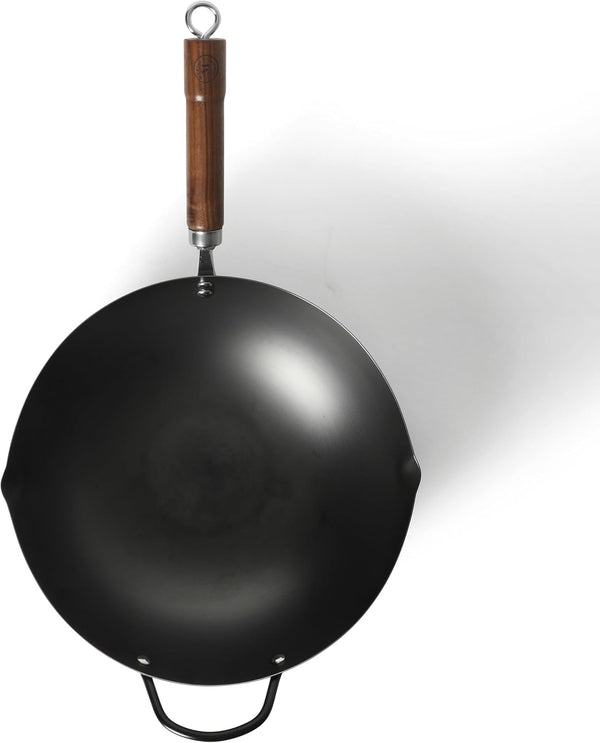 Chisholm 13.5-Inch Carbon Steel Nonstick Wok, Pfas-Free Wok Pan & Flat Bottom Stir Fry Pan with Long Walnut Wood Handle & Helper Handle, Black4