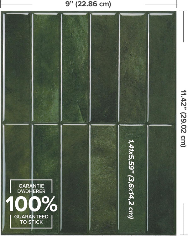 Peel and Stick Backsplash, Stacked Forest Green, 11.43"X9" | Pack of 5 (3.5 Sq Ft), Glossy, Heat/Moisture Resistant, Low VOC, Kitchen/Bathroom, Renter Friendly, Made in Canada3