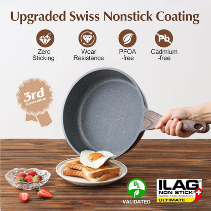 Nonstick Skillet, Deep Frying Pan 10/11/12-Inch, Saute Pan with Lid, Stay-Cool Handle, Healthy Stone Cookware Cooking Pan, Induction Compatible (10-Inch/3.5Qt)2