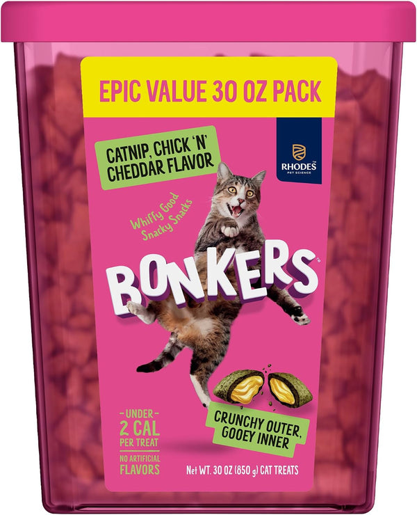 Bonkers Bites Catnip & Chick 'N' Cheddar Flavor Crunchy & Soft Treats for Cats, 30Oz Tub1