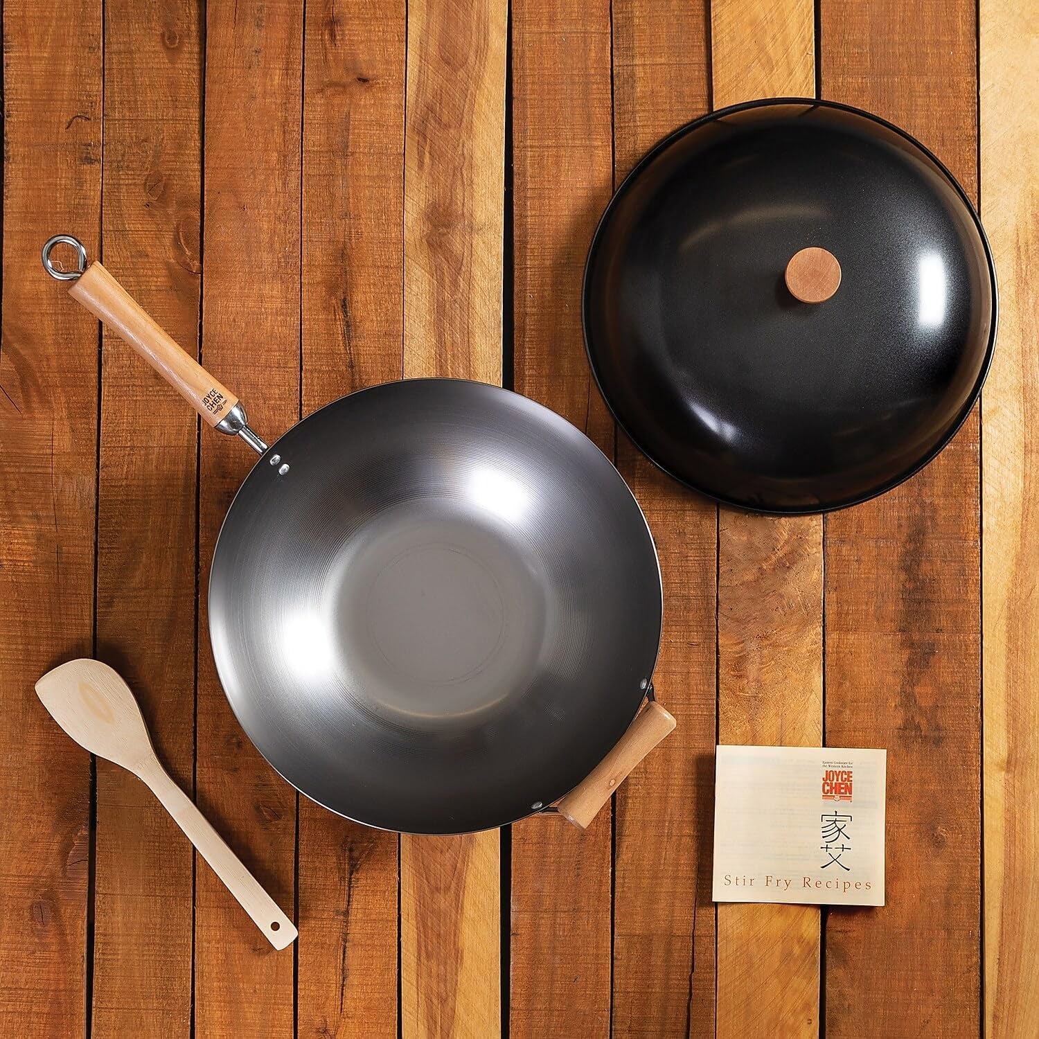 joyce-chen-classic-series-14-inch-uncoated-carbon-steel-wok-set-with-lid-and-birch-handles-4-pieces