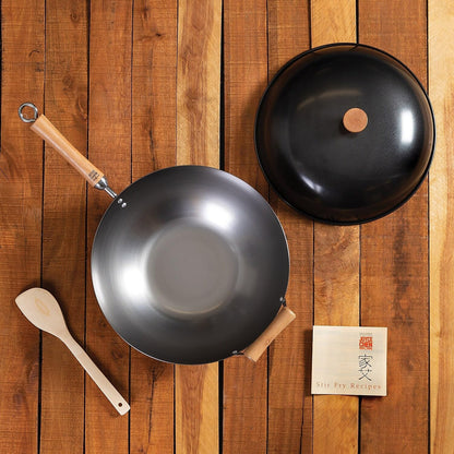 JOYCE CHEN Classic Series 14-Inch Uncoated Carbon Steel Wok Set with Lid and Birch Handles, 4 Pieces3