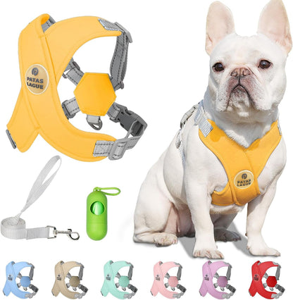 Patas Lague Dog Harness with Leash Set Adjustable Soft Padded Step-In Dog Vest No Choke No Pull Reflective for Small Medium Pets with Poop Bags and Dispenser, Solid and No-Chew, Pink M16