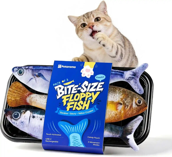 Potaroma Cat Toys Bite-Sized Flopping Fish with Catnip | Realistic Tap-Activated Moving Kitten Kicker, 3 Floppy Mode Wiggle Fish, Interactive Motion Kitty Exercise1