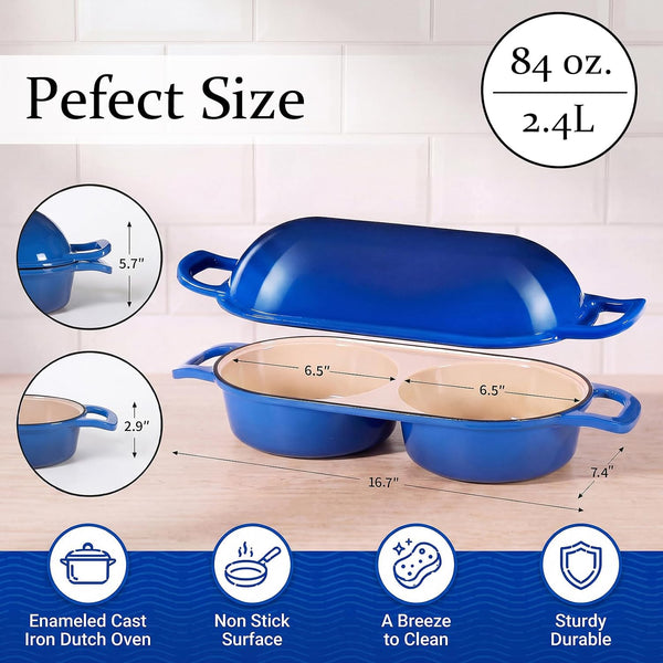Cast Iron Dutch Oven for Sourdough Bread Baking, Mini Enameled Bread Pot with Lid, Nonstick Double Loaf Pan for Homemade Bread, Cake & Meatloaf, Oven Safe to 500°F, 16.5Cm Diameter, Blue3