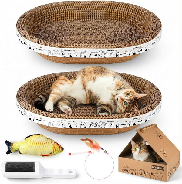 Oval Cat Cardboard Scratcher with Lounger Bed, High-Density Kitty Cat Scratching Pad for Indoor Cats Grinding Claws, Ergonomic Curved Furniture Couch Cat Scratch Protector, 17.3" × 13.6" × 4.5"7