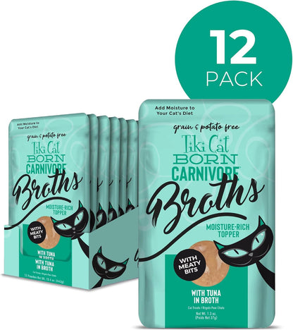 Tiki Cat Born Carnivore Broths, Tuna Recipe, Hydration and Flavor Supplement Cat Food Topper, 1.3 Oz. Pouch (Pack of 12)2