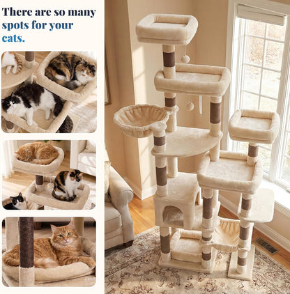 Hey-Brother Cat Tree Tower, Wide Base, 5 Platforms for Multi-Cats, MPJ074MJ | 72.8 Inches Tall Furniture, 5 Plush Beds, Large Condo, Big Hammocks, Sisal Scratching Posts, for Indoor Adult Cat Beige Brown5