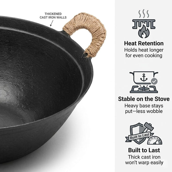 13.4 Inch Cast Iron Wok with Wooden Lid and Iron Spatula, Flat Bottom Double-Handle Chinese Stir Fry Pan, Uncoated Cast Iron Wok for Induction, Gas and Electric Stoves3