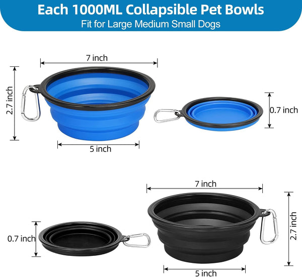 Kytely Large Collapsible Dog Bowls 2 Pack, 34Oz Foldable Dog Travel Bowl, Portable Pet Water Food Bowl with Clasp, Pet Cat Feeding Cup Dish for Traveling, Walking, Hiking (Black+Blue)2