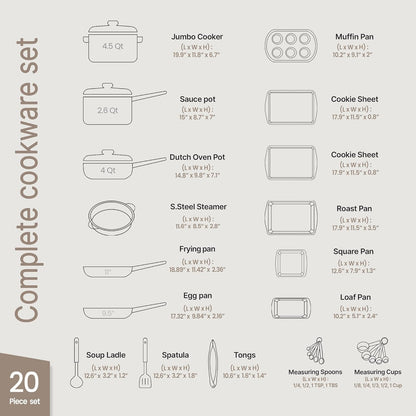 Bakken Master 20 Piece Cookware Set - Pots and Pans with Handle Grips and Tempered Glass Lids, with 6-Piece Bakeware Set, Nonstick Granite Coating, Ceramic Max Temperature (Up to 500° F), Cream2