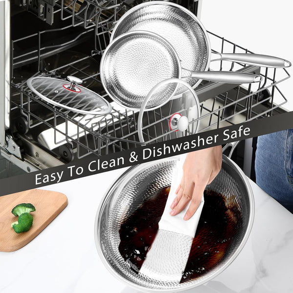 Hammered Non Stick Frying Pan with Lid - 12 Inch Stainless Steel Kitchen Cookware Pot Scratch-Resistant, Even Heating Cookware for All Stovetops (12In-With Lid)4
