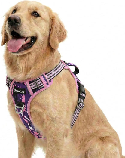 Funfox Dog Harness Medium Sized Dog, Vertical Handle Easy Control, No Pull Pet Vest Adjustable with 2 Leash Clips, Soft Material, Reflective Safe Night Walking for Small Medium Large Breed, Black, M50
