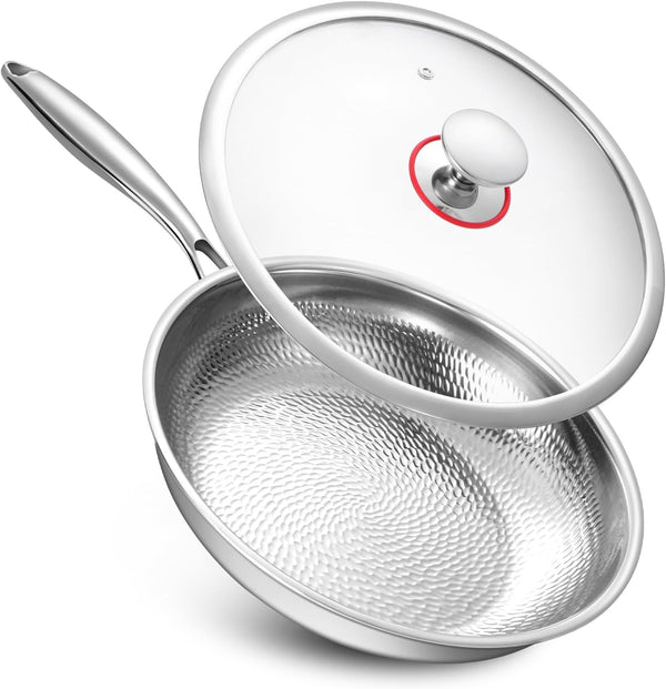 Hammered Non Stick Frying Pan with Lid - 12 Inch Stainless Steel Kitchen Cookware Pot Scratch-Resistant, Even Heating Cookware for All Stovetops (12In-With Lid)1