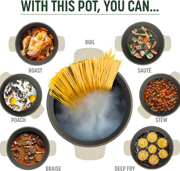 All-In-One Pot, Multilayer Nonstick, High Performance Cast Dutch Oven with Matching Lid, Roasting Rack and Turner, Made without PFOA, Dishwasher Safe Cookware, 4.7-Quart, Linen3