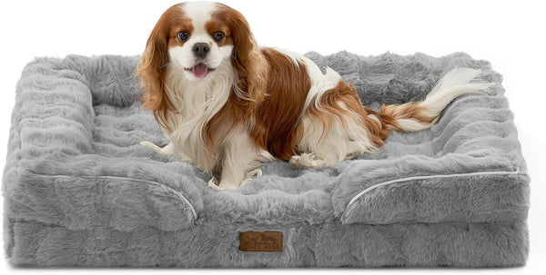 COZY KISS Orthopedic Dog Bed for Extra Large Dog 44X32 Inch, XL Faux Fur Pet Sofa, Bolster Foam Bed with Sides, Non-Slip and Egg-Crate Big Dog Couch Bed with Washable Removable Cover, Beige18