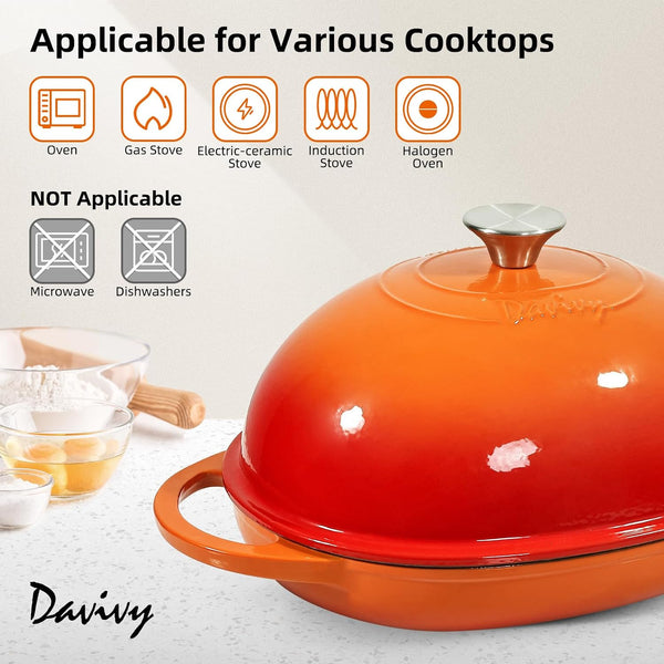 11" X 8.7" Oval Bread Oven with Domed Lid, Enameled Oval Dutch Oven Pot for Sourdough Bread Baking 6QT, Non-Stick Cast Iron Sourdough Pan Bread Cloche with Lid - Flame Orange8