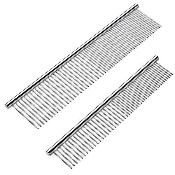 Cafhelp 2 Pack Dog Combs with Rounded Ends Stainless Steel Teeth, Cat Comb for Removing Tangles and Knots, Professional Grooming Tool for Long and Short Haired Dog, Cat and Other Pets, 6.3IN/7.4IN1