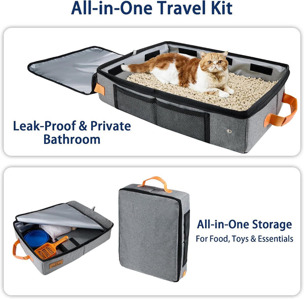 MORAIS Portable Travel Litter Box for Cats, 17.7"×13.5"×11" Collapsible Cat Litter Box with Lid, Leak-Proof Cat Litter Pan for Car Hotel Airplane, Waterproof & Easy to Carry- Gray8