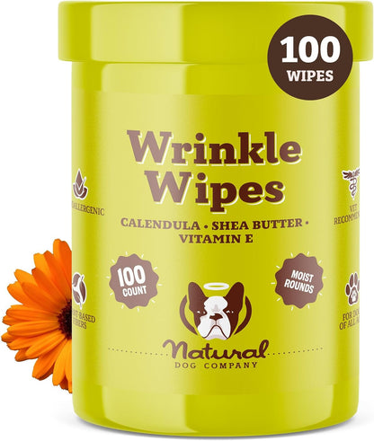 Natural Dog Company Wrinkle Wipes for Dogs, 100 Count, Hypoallergenic, Cleaning & Deodorizing, for Grooming Faces, Paws & Butts1